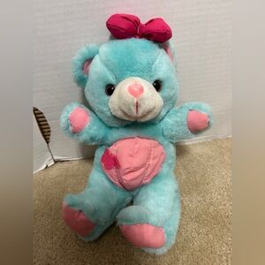 Vintage Blue Pink Teddy Bear 11” Bubble Belly Pink Bow Heart Nose Made in Taiwan